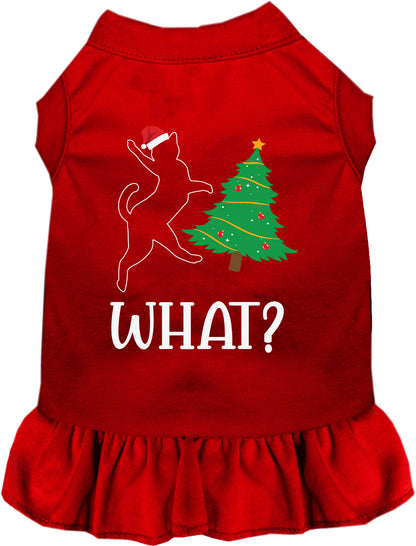 Red pet dress with Christmas tree and cat design