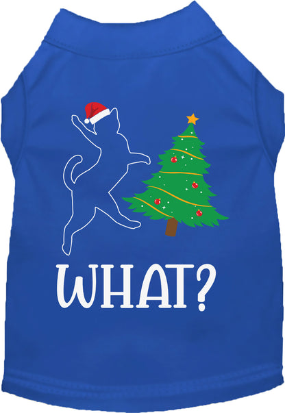 Blue pet shirt with cat and Christmas tree design