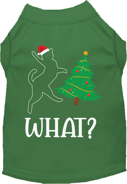 Green pet shirt with cat and Christmas tree design