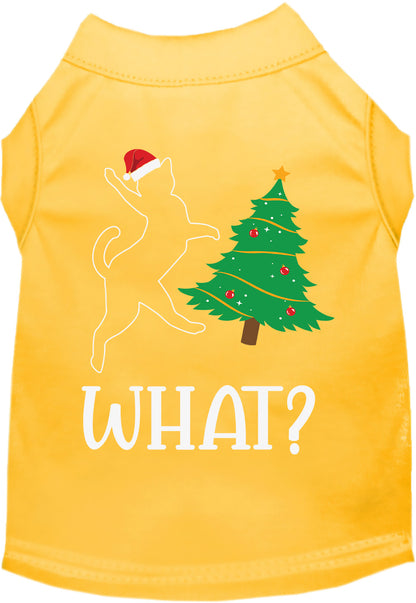 Yellow pet shirt with cat and Christmas tree design