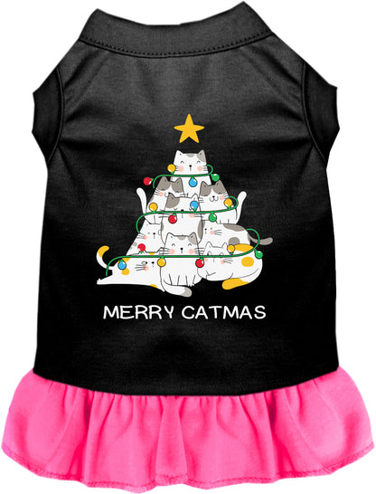 Black and pink Merry Catmas pet dress with cat tree