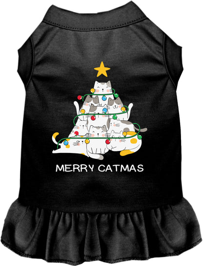 Black Merry Catmas pet dress with cat tree design