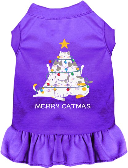 Purple Merry Catmas pet dress with cat tree design