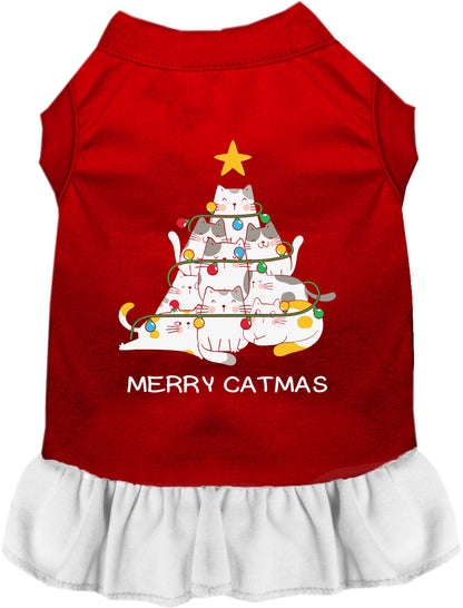 Red and white Merry Catmas pet dress with cat tree