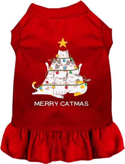 Red Merry Catmas pet dress with cat tree design