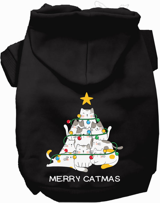 Black Merry Catmas pet hoodie with cat tree design