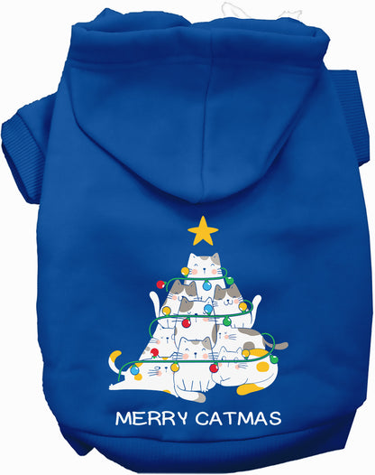 Blue Merry Catmas pet hoodie with cat tree design