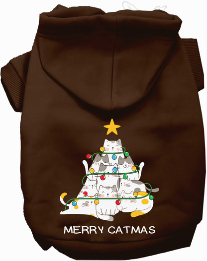 Brown Merry Catmas pet hoodie with cat tree design