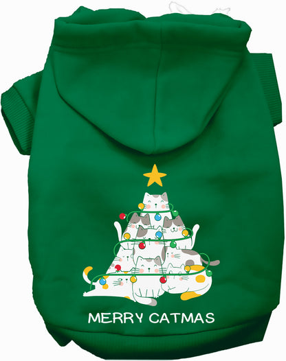 Green Merry Catmas pet hoodie with cat tree design