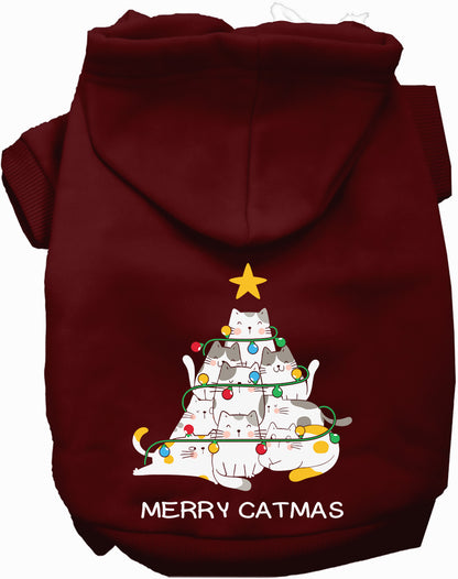 Burgundy Merry Catmas pet hoodie with cat tree design