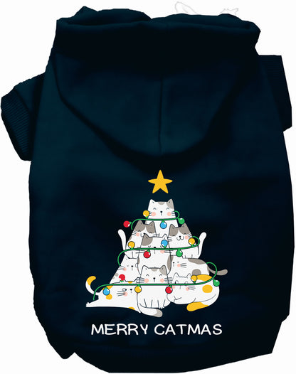 Navy Merry Catmas pet hoodie with cat tree design