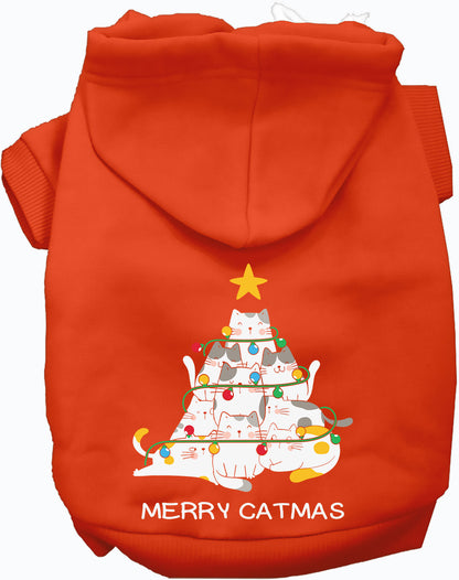 Orange Merry Catmas pet hoodie with cat tree design