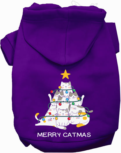 Purple Merry Catmas pet hoodie with cat tree design