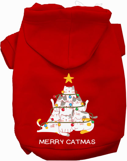 Red Merry Catmas pet hoodie with cat tree design