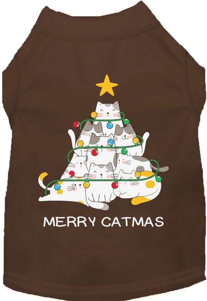 Brown Merry Catmas pet shirt with cat tree design