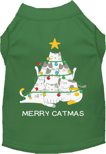 Green Merry Catmas pet shirt with cat tree design