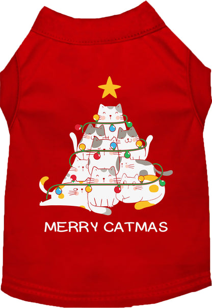 Red Merry Catmas pet shirt with cat tree design