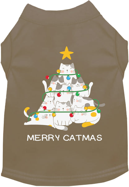 Khaki Merry Catmas pet shirt with cat tree design