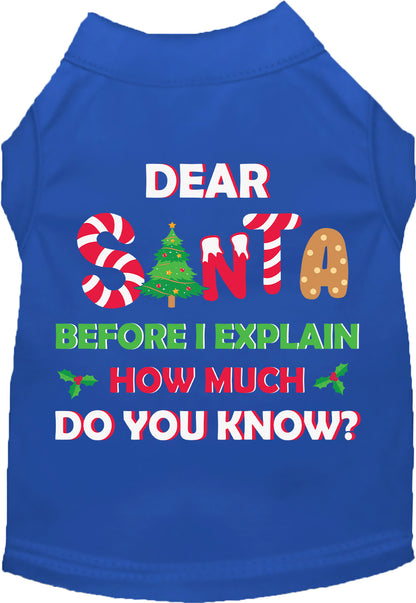 Blue pet shirt with 'Dear Santa' festive design