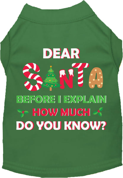 Green pet shirt with 'Dear Santa' festive design