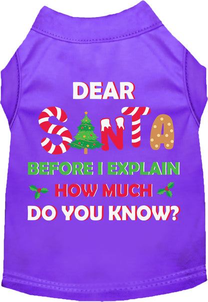 Purple pet shirt with 'Dear Santa' festive design