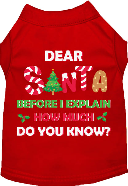 Red pet shirt with 'Dear Santa' festive design