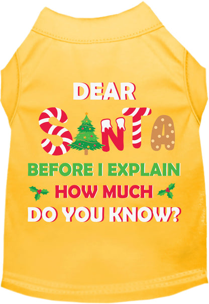 Yellow pet shirt with 'Dear Santa' festive design