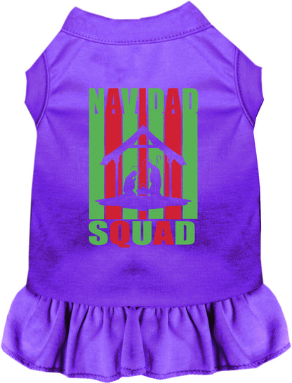 Purple Navidad Squad pet dress with green and red design