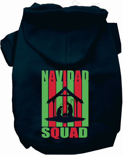 Navy Navidad Squad Pet Hoodie with festive design