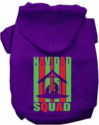 Purple Navidad Squad Pet Hoodie with festive design