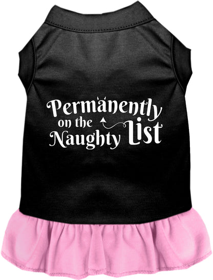 Black pet dress with light pink skirt, 'Naughty List' text