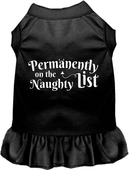 Black pet dress with 'Permanently on the Naughty List' text