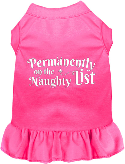 Pink pet dress with 'Permanently on the Naughty List' text