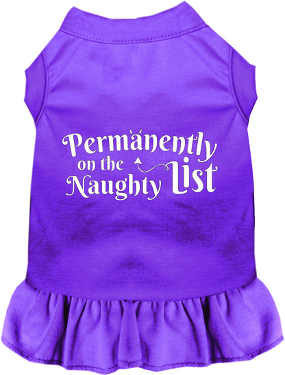 Purple pet dress with 'Permanently on the Naughty List' text