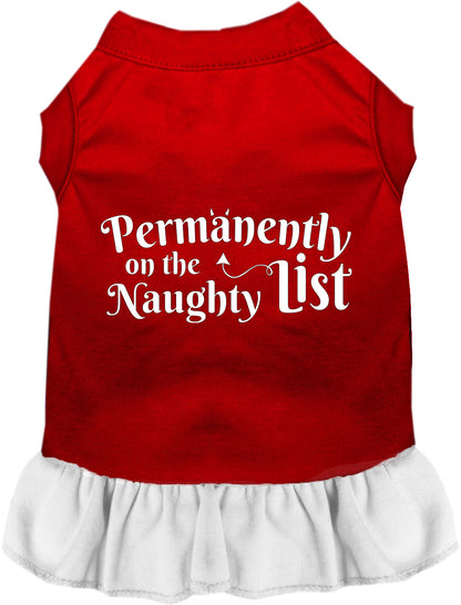 Red pet dress with white skirt, 'Naughty List' text