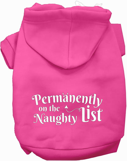 Pink pet hoodie with 'Permanently on the Naughty List' text