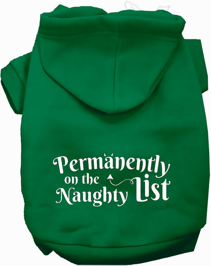 Green pet hoodie with 'Permanently on the Naughty List' text