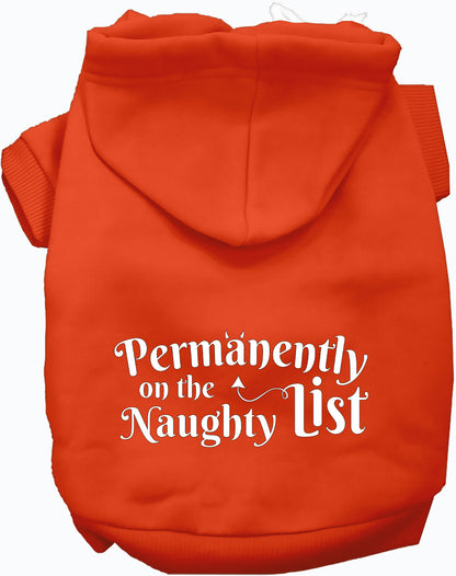 Orange pet hoodie with 'Permanently on the Naughty List' text