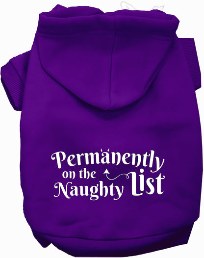 Purple pet hoodie with 'Permanently on the Naughty List' text