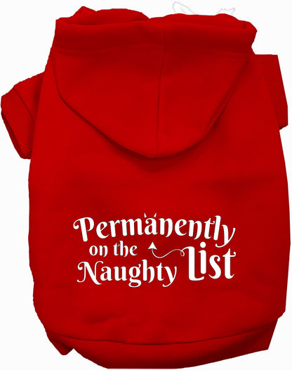 Red pet hoodie with 'Permanently on the Naughty List' text