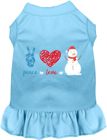 Blue pet dress with peace, love, snowman design