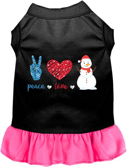 Black pet dress with pink skirt, peace, love, snowman design