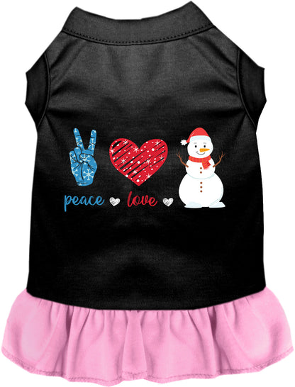 Black pet dress with light pink skirt, peace, love, snowman design