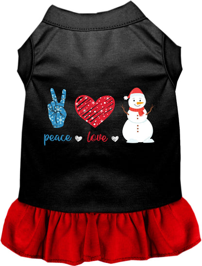 Black pet dress with red skirt, peace, love, snowman design