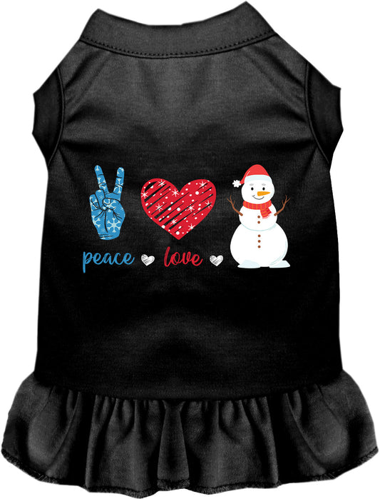 Black pet dress with peace, love, snowman design