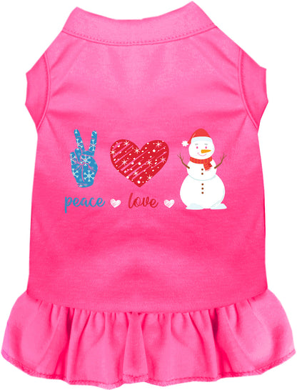 Pink pet dress with peace, love, snowman design