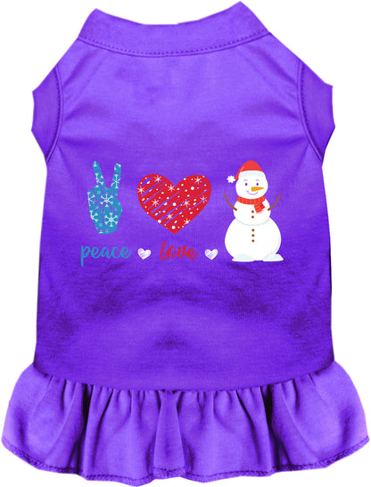 Purple pet dress with peace, love, snowman design