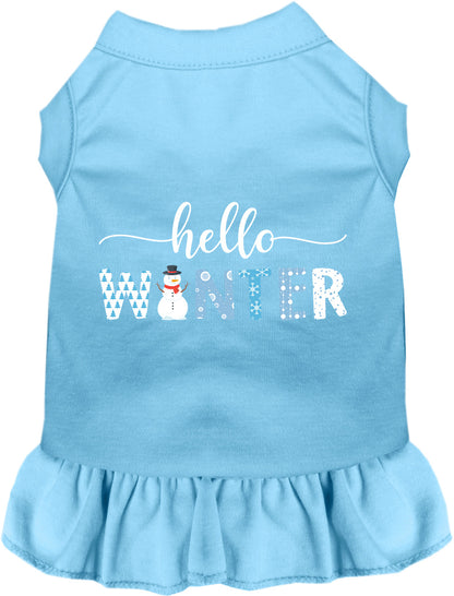 Light blue Hello Winter pet dress with snowman design