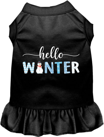 Black Hello Winter pet dress with snowman design