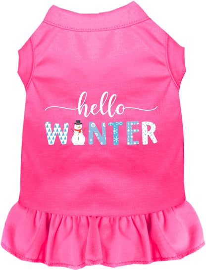 Pink Hello Winter pet dress with snowman design